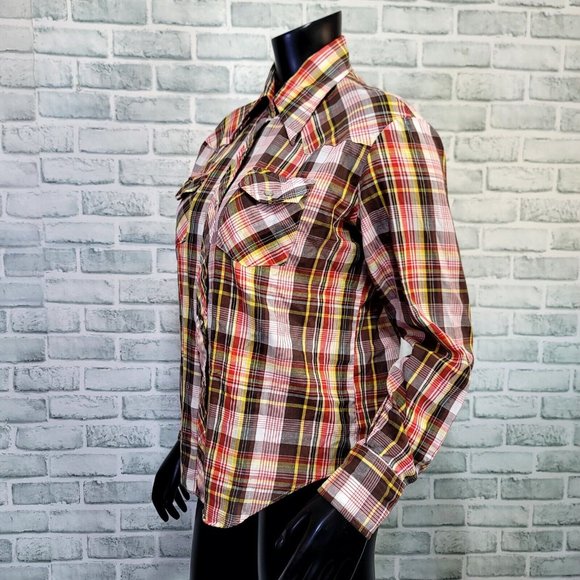 Vintage 70s 80s Kmart Womens 36 Lightweight Plaid Pearl Snap L/S Western Shirt - Picture 4 of 9